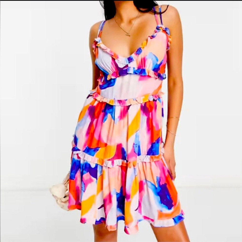 French Connection Multi-Colored V-Neck Tiered Ruffle Mini Dress Flirty US 6